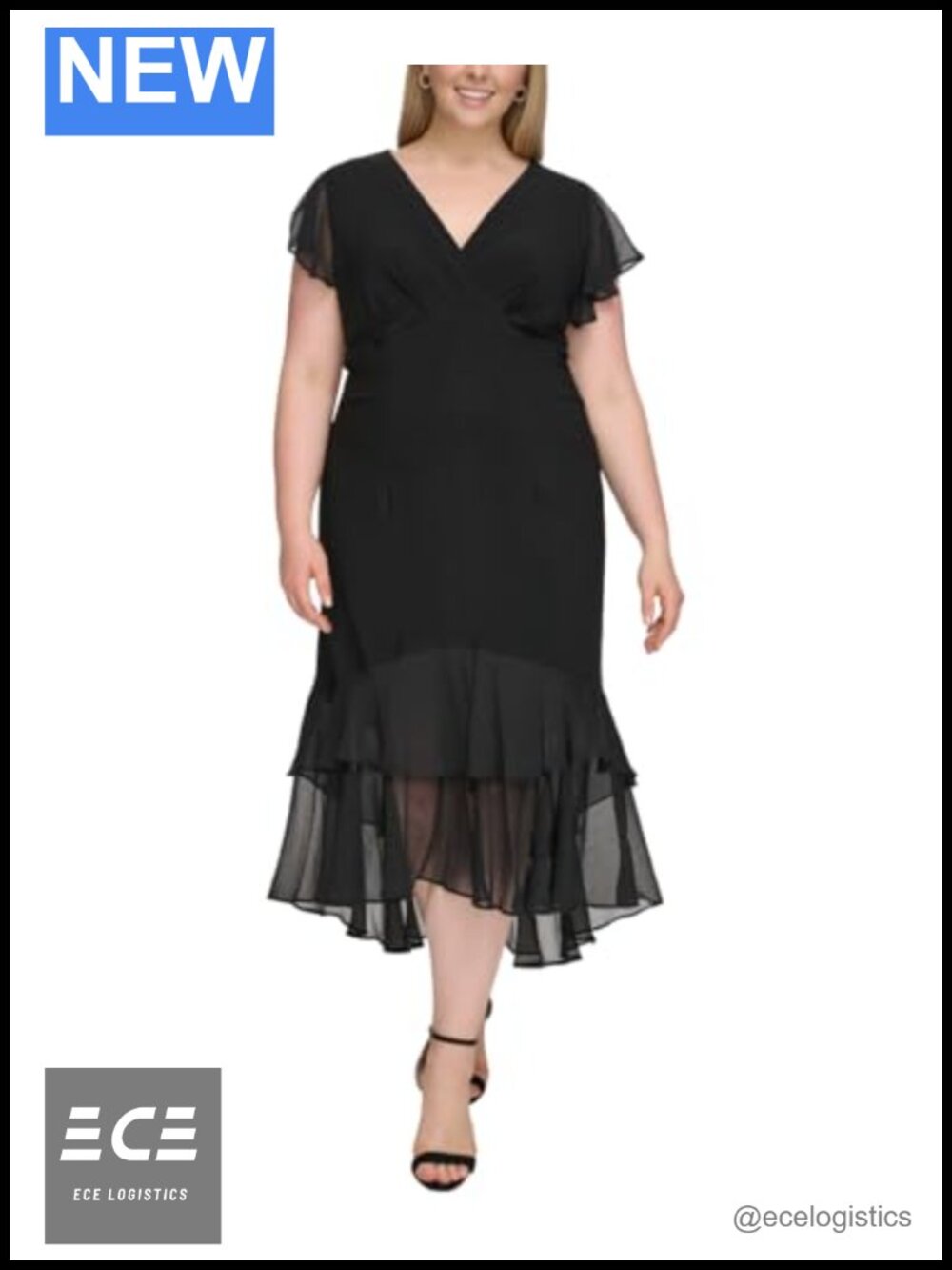 Flutter Sleeve V-Neck Ruffle Trim Hi-Lo Midi Dress